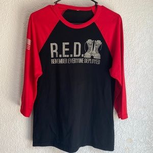 R.E.D. Remember Everyone Deployed 3/4 Sleeve Black & Red T- Shirt Size S-M